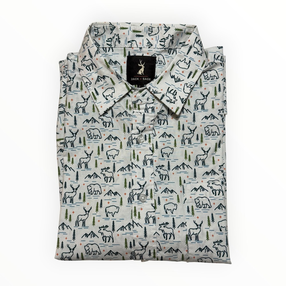 Jack + Sage Mens Large Short Sleeve Button Down Wilderness Print Shirt Cream